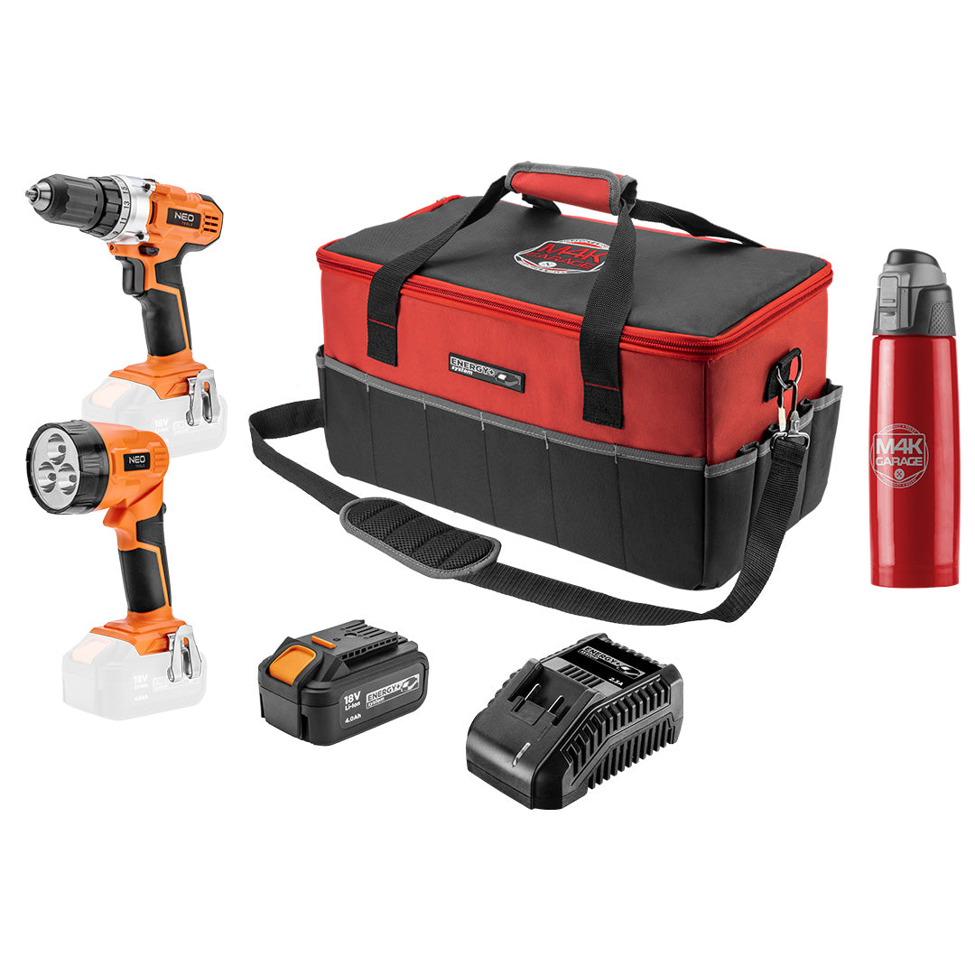 Sada elektrického náradia v taške, 18V vŕtačka/prístroj, 18V baterka, 4Ah akumulátor, nabíjačka, Termoska od NEO TOOLS nájdeš na naravis.sk