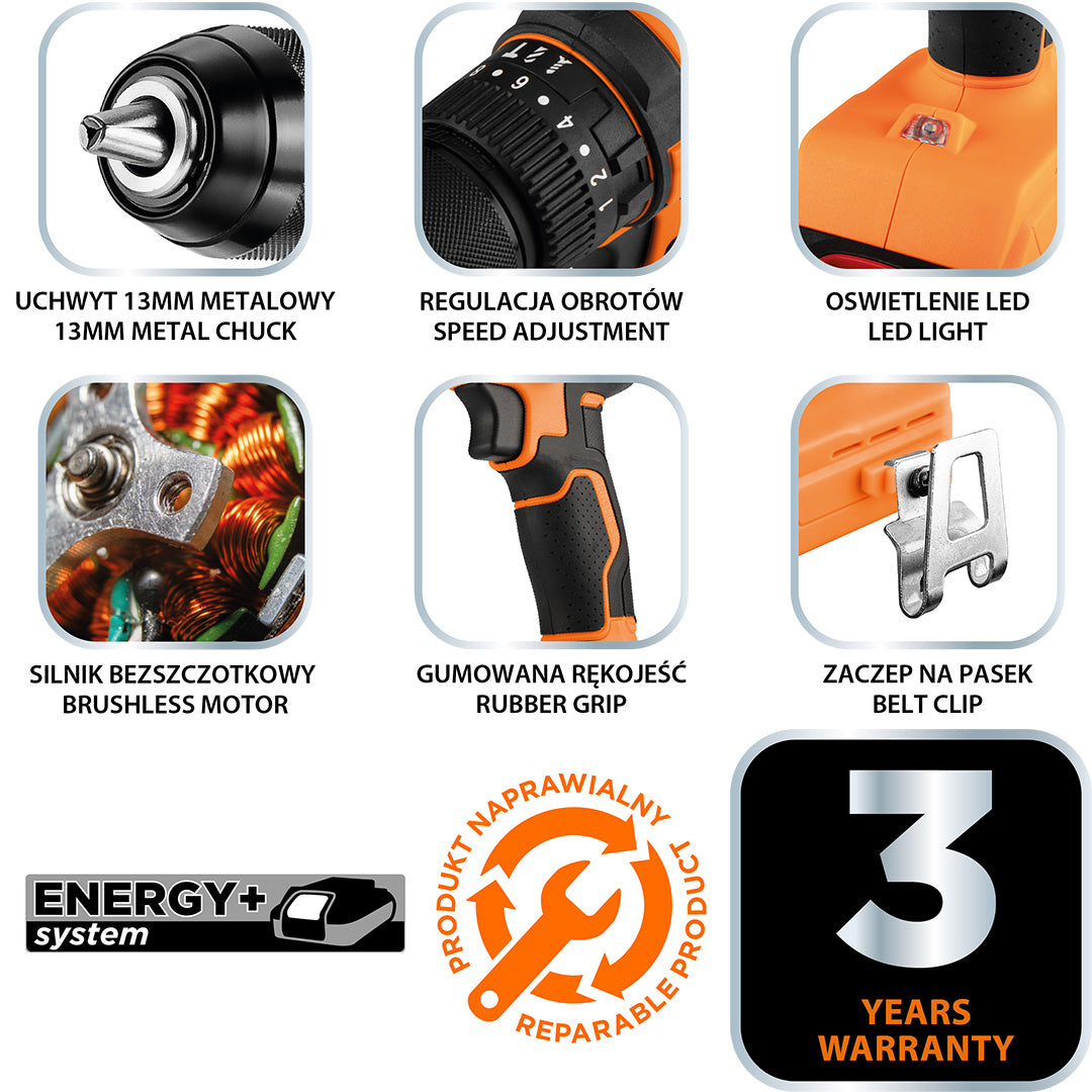 18 V bezkartáčová príklepová vŕtačka/šrotovník, 13 mm skľučovadlo, kompaktný, Energy+, bez akumulátora od NEO TOOLS nájdeš na naravis.sk