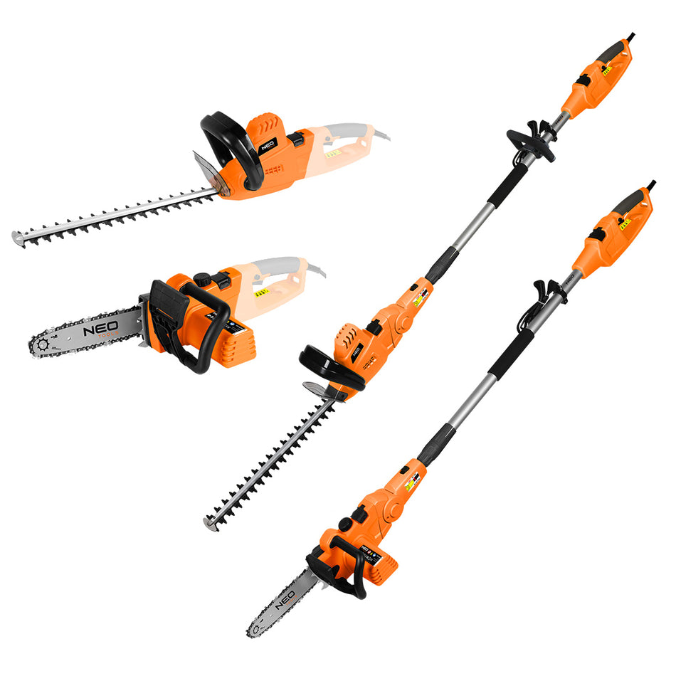 Záhradné náradie 2 v 1 s predlžovacím ramenom: reťazová píla 750 W 250 mm + nožnice na živý plot 550 W 460 mm od NEO TOOLS nájdeš na naravis.sk
