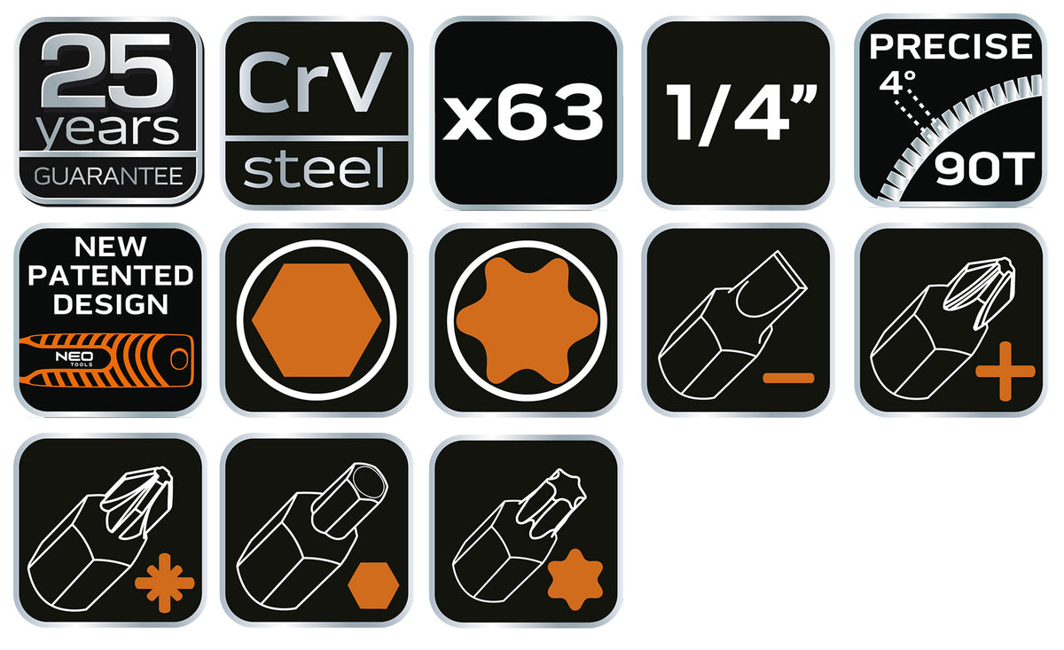 Sada nástrčných kľúčov 1/4", 63 kusov, CrV od NEO TOOLS nájdeš na naravis.sk