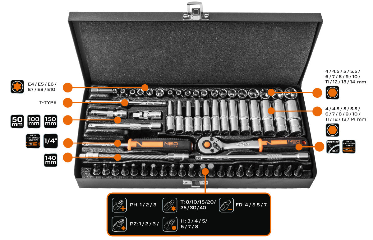 Sada nástrčných kľúčov 1/4", 63 kusov, CrV od NEO TOOLS nájdeš na naravis.sk