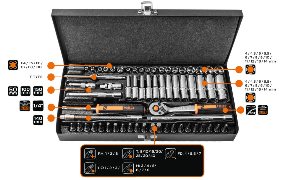 Sada nástrčných kľúčov 1/4", 63 kusov, CrV od NEO TOOLS nájdeš na naravis.sk