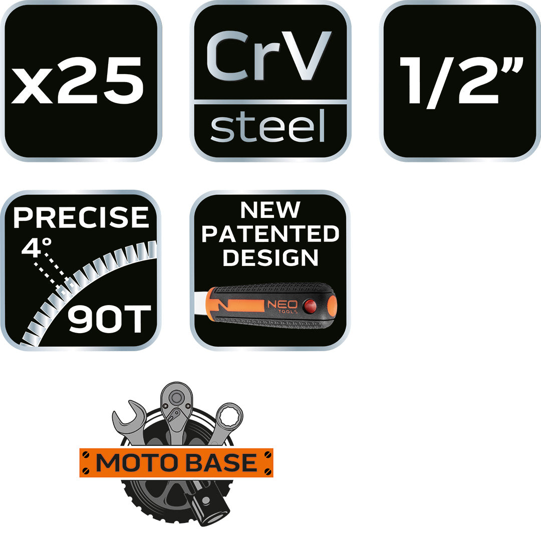 Sada nástrčných kľúčov 1/2", 25 kusov, CrV od NEO TOOLS nájdeš na naravis.sk