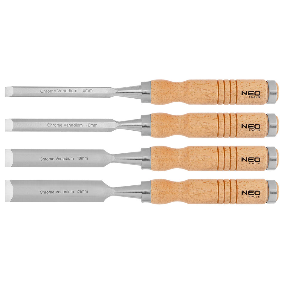 Dláta 6, 12, 18, 24 mm, sada 4 ks. Drevená rukoväť od NEO TOOLS nájdeš na naravis.sk