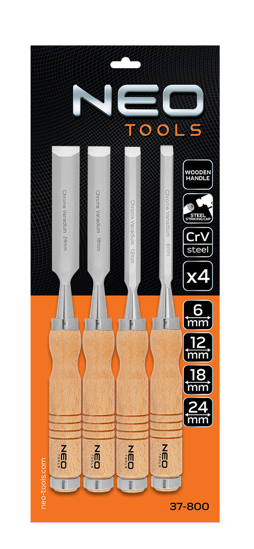 Dláta 6, 12, 18, 24 mm, sada 4 ks. Drevená rukoväť od NEO TOOLS nájdeš na naravis.sk