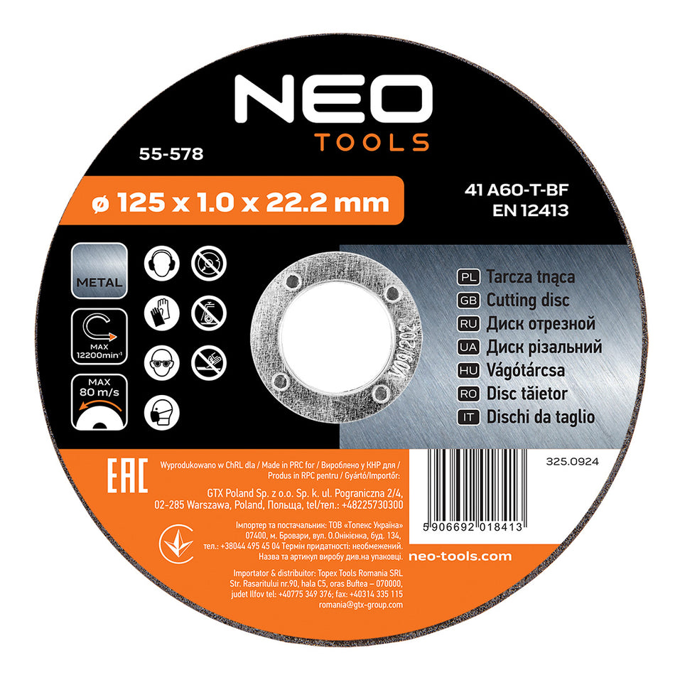 Kotúče na rezanie kovov 125 x 1,0 x 22,2 mm, 41 A60-T-BF, 10 ks fólie od NEO TOOLS nájdeš na naravis.sk
