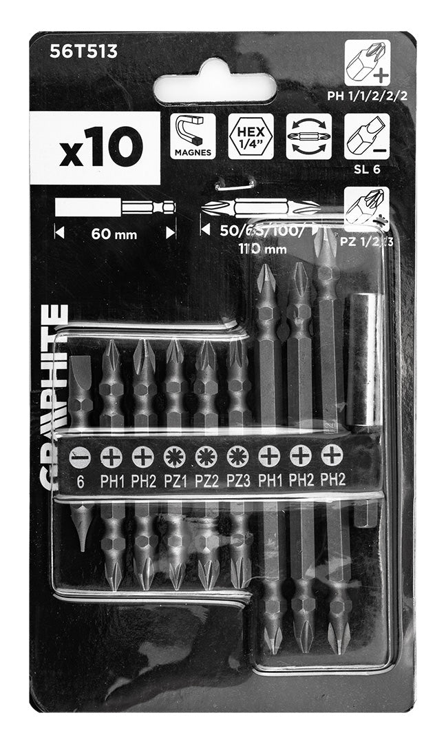 Sada obojstranných bitov SL6, PH1x2, PH2x3, PZ1/2/3, s magnetickým držiakom 60 mm, 10 ks. od GRAPHITE nájdeš na naravis.sk