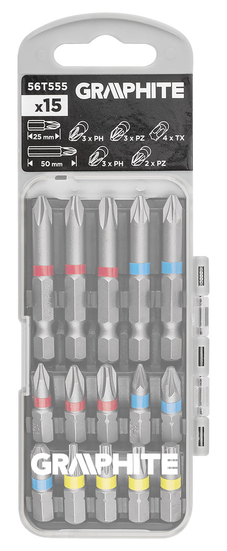 Sada bitov PH2x2, PH3, PZ2x2 x 50 mm, PH1/2/3, PZ1/2/3, TX10/20/25/30 x 25 mm, 15 ks. od GRAPHITE nájdeš na naravis.sk