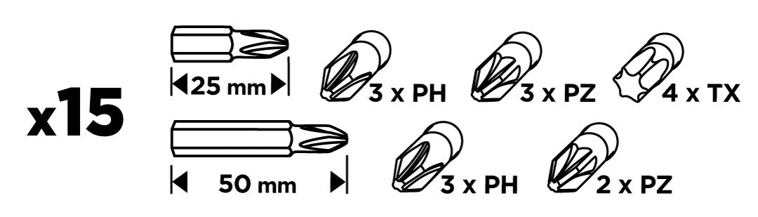 Sada bitov PH2x2, PH3, PZ2x2 x 50 mm, PH1/2/3, PZ1/2/3, TX10/20/25/30 x 25 mm, 15 ks. od GRAPHITE nájdeš na naravis.sk