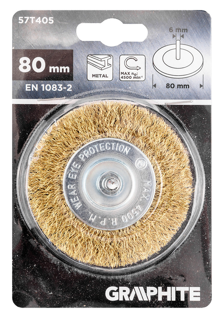 Drôtená kefa na kotúče 80 mm, krimpovaný drôt, mosadzný, so stopkou 6 mm od GRAPHITE nájdeš na naravis.sk