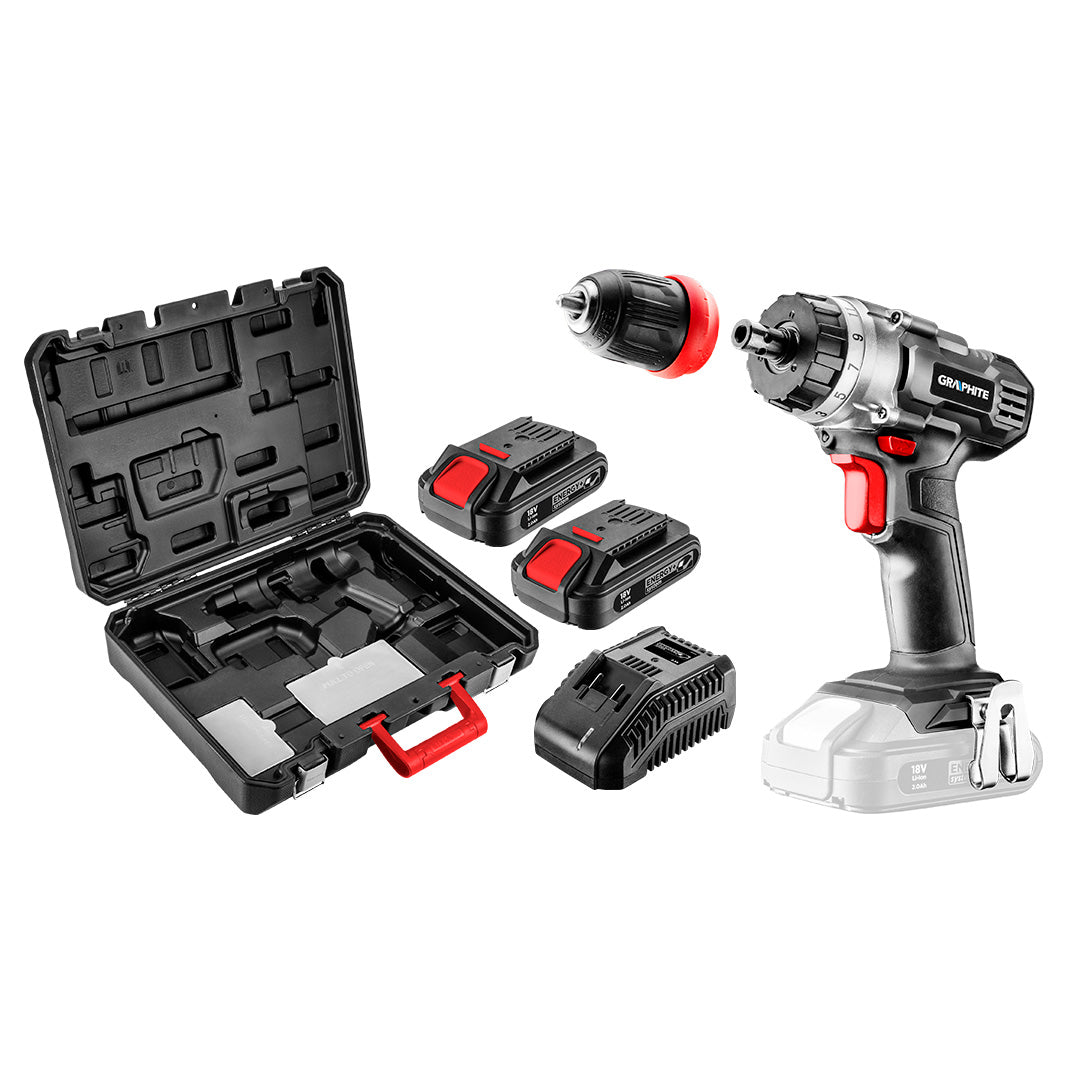 Akumulátorová vŕtačka/prístroj Energy+ 18V, Li-Ion, odnímateľné 10mm skľučovadlo, 2 2Ah akumulátory, nabíjanie, kufrík od GRAPHITE nájdeš na naravis.sk