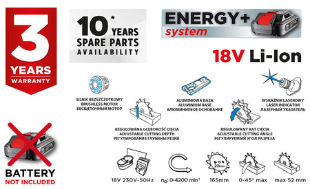 Akumulátorová okružná píla Energy+ 18V, Li-Ion, kotúč 165 x 20 mm, bez batérie od GRAPHITE nájdeš na naravis.sk
