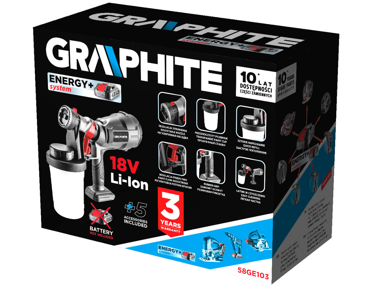 Striekacia pištoľ Energy+ 18V HVLP, Li-Ion, bez batérie od GRAPHITE nájdeš na naravis.sk