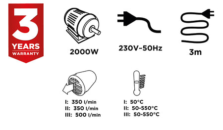 Teplovzd. pištoľ, 2000 W, tep. rozsah: I: 50ºC, II: 50-550ºC, III: 50-550ºC od GRAPHITE nájdeš na naravis.sk