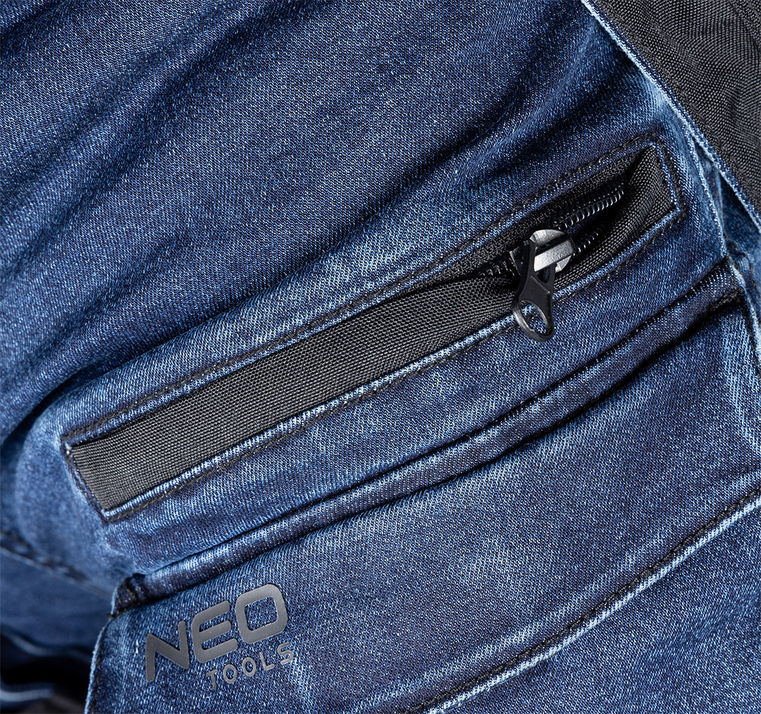 Pracovné nohavice DENIM, výstuž Cordura, odnímateľné vrecká, námornícka modrá, veľkosť L od NEO TOOLS nájdeš na naravis.sk