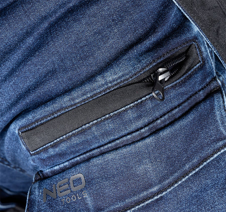 Pracovné nohavice DENIM, výstuž Cordura, odnímateľné vrecká, námornícka modrá, veľkosť L od NEO TOOLS nájdeš na naravis.sk
