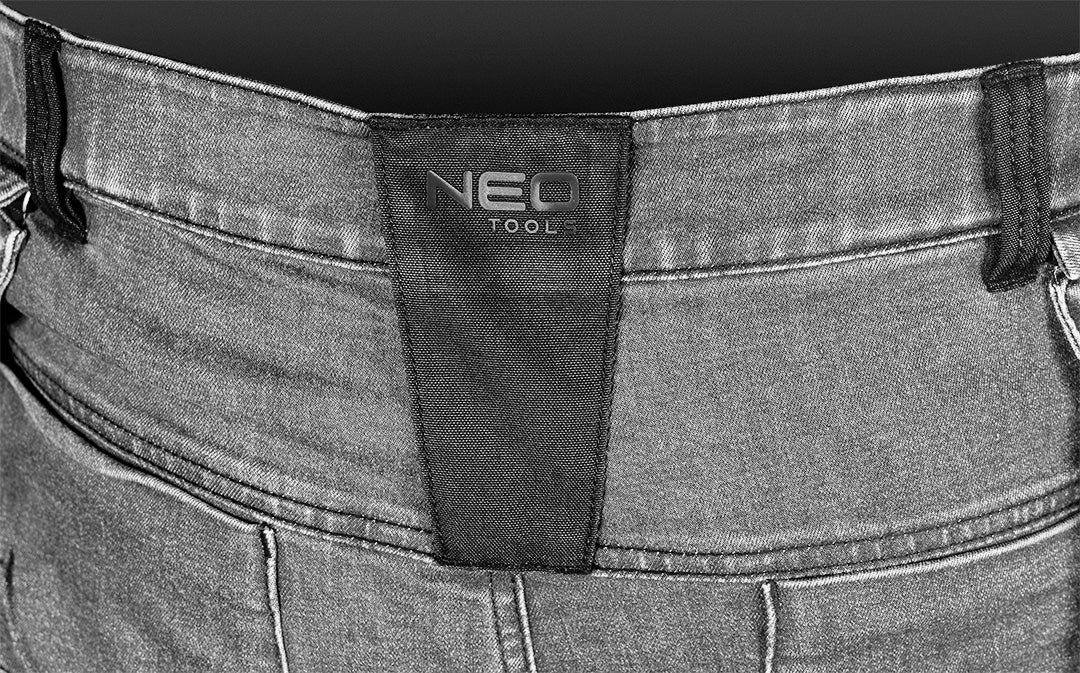 Pracovné nohavice DENIM, vystužené Cordurou, odnímateľné vrecká, sivé, veľkosť L od NEO TOOLS nájdeš na naravis.sk