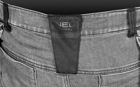 Pracovné nohavice DENIM, zosilnená Cordura, odnímateľné vrecká, sivé, veľkosť XL od NEO TOOLS nájdeš na naravis.sk