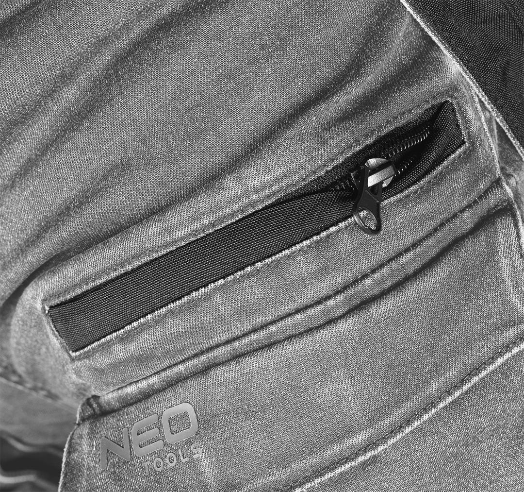 Pracovné nohavice DENIM, zosilnená Cordura, odnímateľné vrecká, sivé, veľkosť XXXL od NEO TOOLS nájdeš na naravis.sk