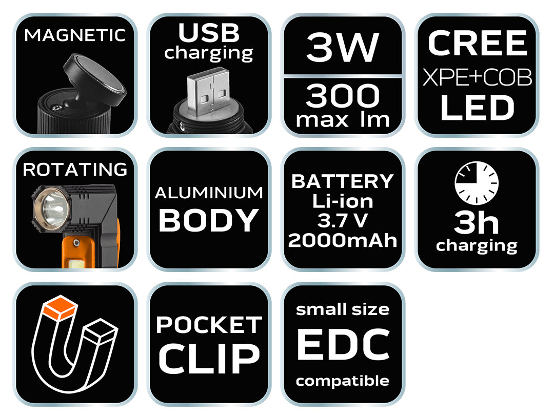 USB dobíjacia baterka 300 lm 2 v 1 CREE XPE + COB LED od NEO TOOLS nájdeš na naravis.sk