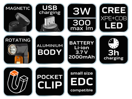 USB dobíjacia baterka 300 lm 2 v 1 CREE XPE + COB LED od NEO TOOLS nájdeš na naravis.sk