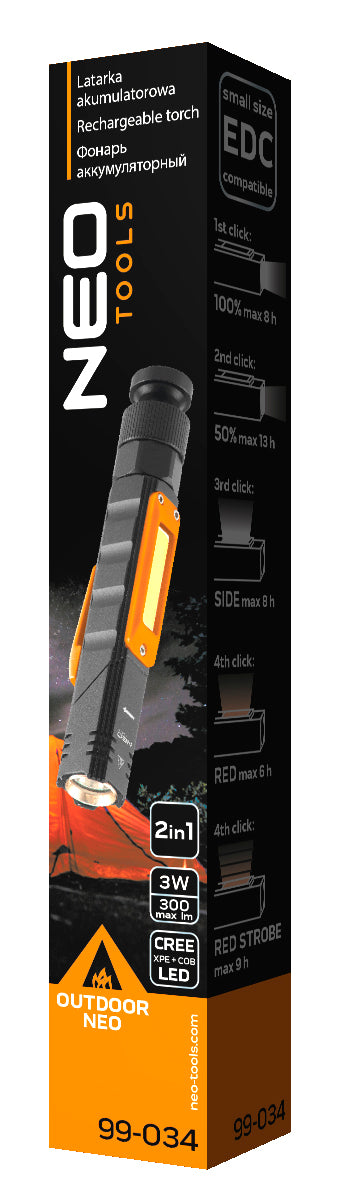 USB dobíjacia baterka 300 lm 2 v 1 CREE XPE + COB LED od NEO TOOLS nájdeš na naravis.sk