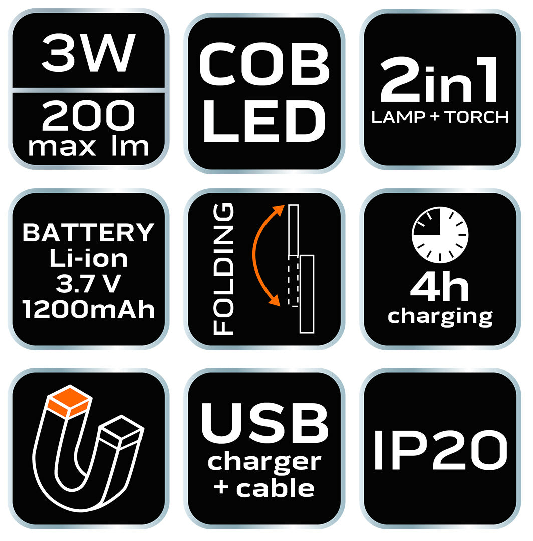 Batériová dielenská lampa 200 lm COB + baterka od NEO TOOLS nájdeš na naravis.sk